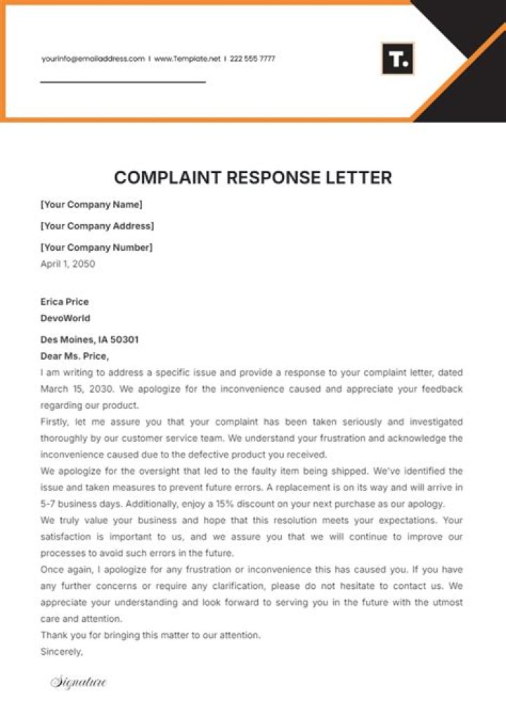 What should be in a response to a complaint?