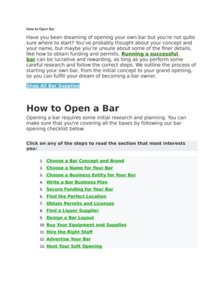 What supplies do you need to open a bar?